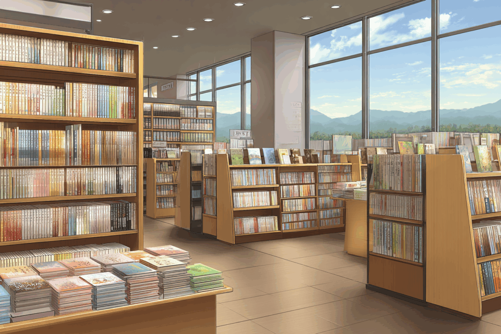 大きな窓から山並みと青空が見える広々とした本屋の内観。たくさんの本棚とテーブルに並んだ本があり、自然光に包まれている