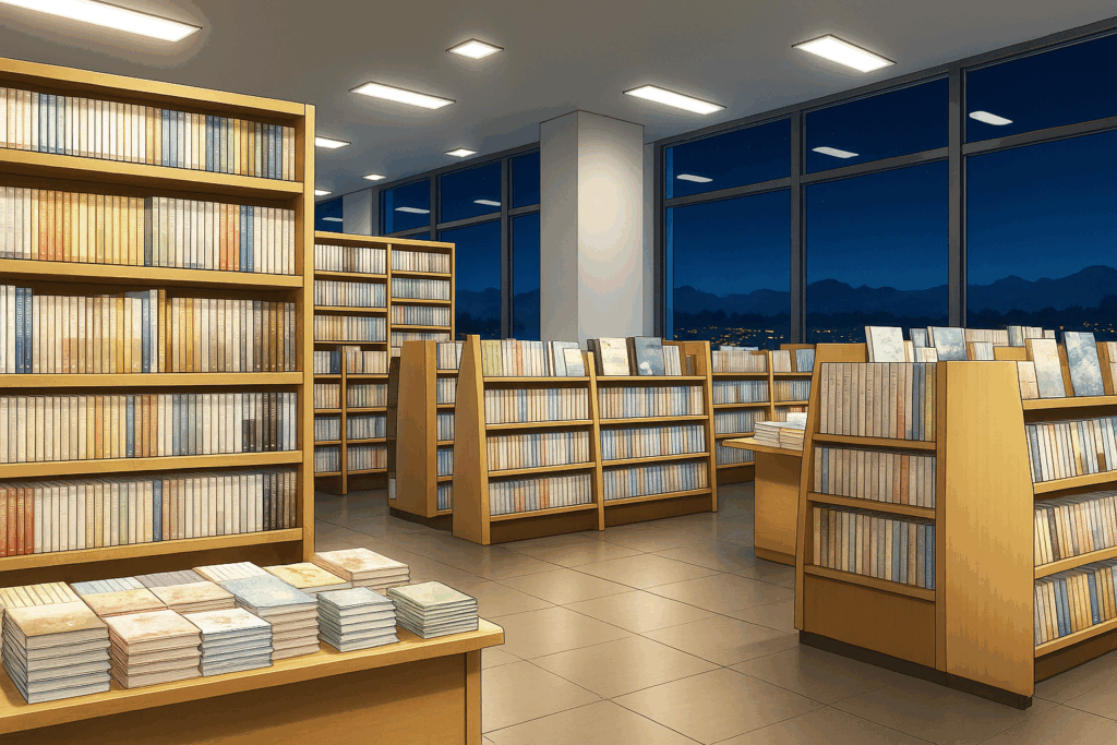 夜の本屋の内観。窓の外には暗い山影と街の灯りが見え、室内は明るい照明で照らされ、本棚にぎっしりと書籍が並んでいる