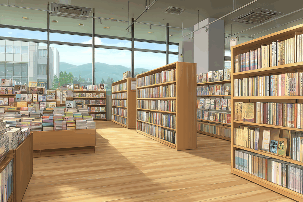 昼間の本屋の内観。大きな窓から街の建物と山が見え、木製の床と棚に並ぶ書籍、雑誌が整然と配置されている