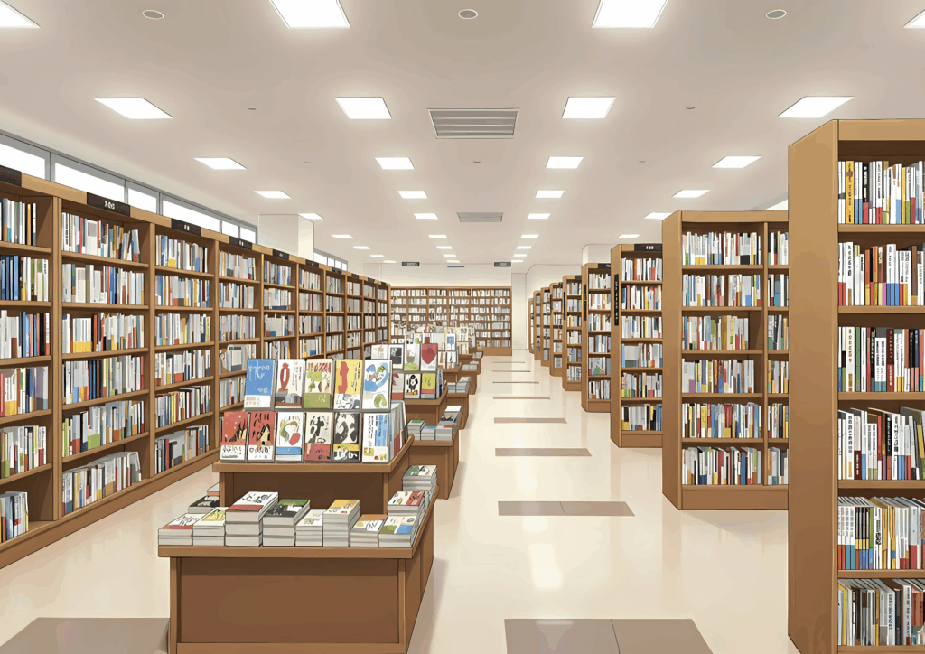 広々とした本屋の内観。左右に並ぶ長い本棚と中央のテーブルに陳列された書籍が整然としており、奥まで続く明るい通路が見える