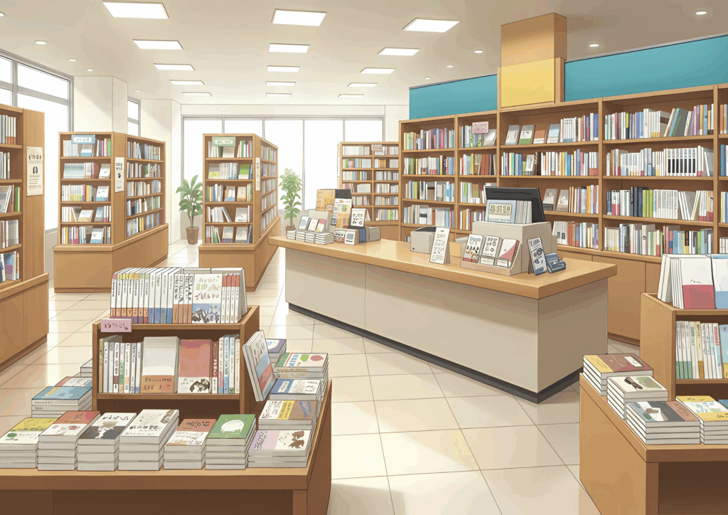 窓際にレジカウンターがある本屋の内観。観葉植物が置かれた明るい空間に、多数の本棚と新刊コーナーが配置され、清潔感のある雰囲気