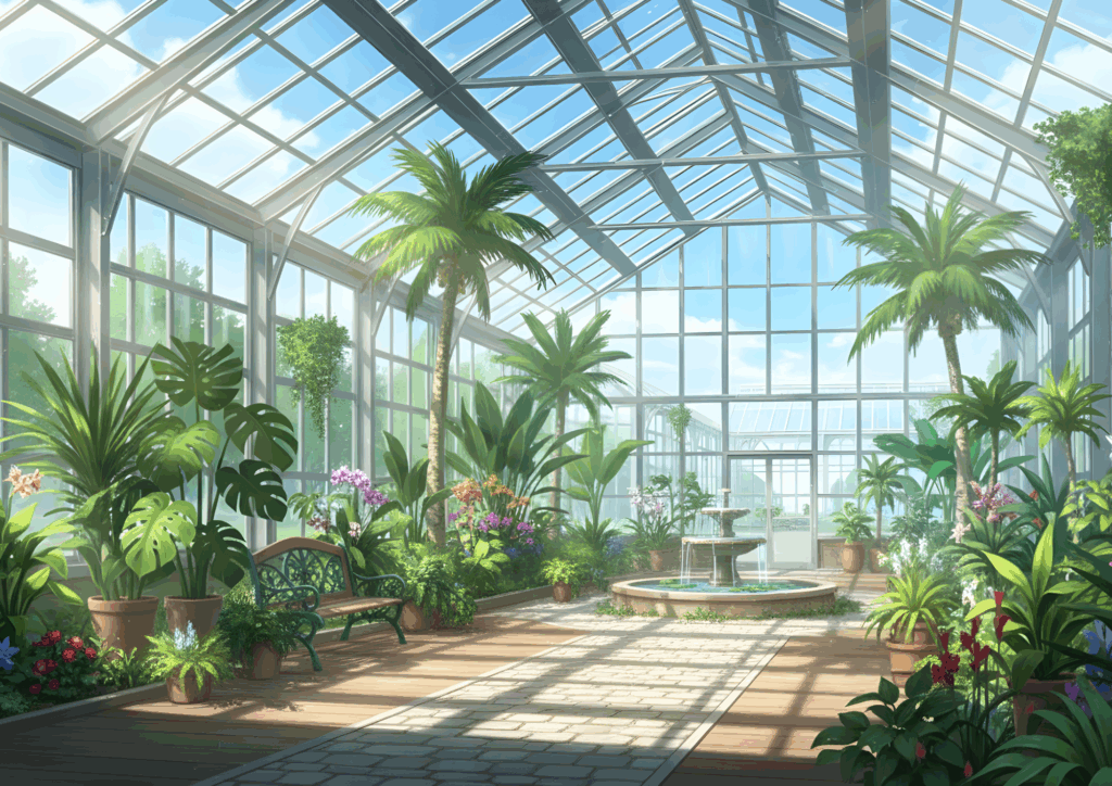 明るい日差しが差し込むガラス張りの温室の内部。中央には小さな噴水があり、周囲にはモンステラやヤシなどの観葉植物、色とりどりの花々が並ぶ。木製の床とベンチが配置され、穏やかな昼の雰囲気が広がっている