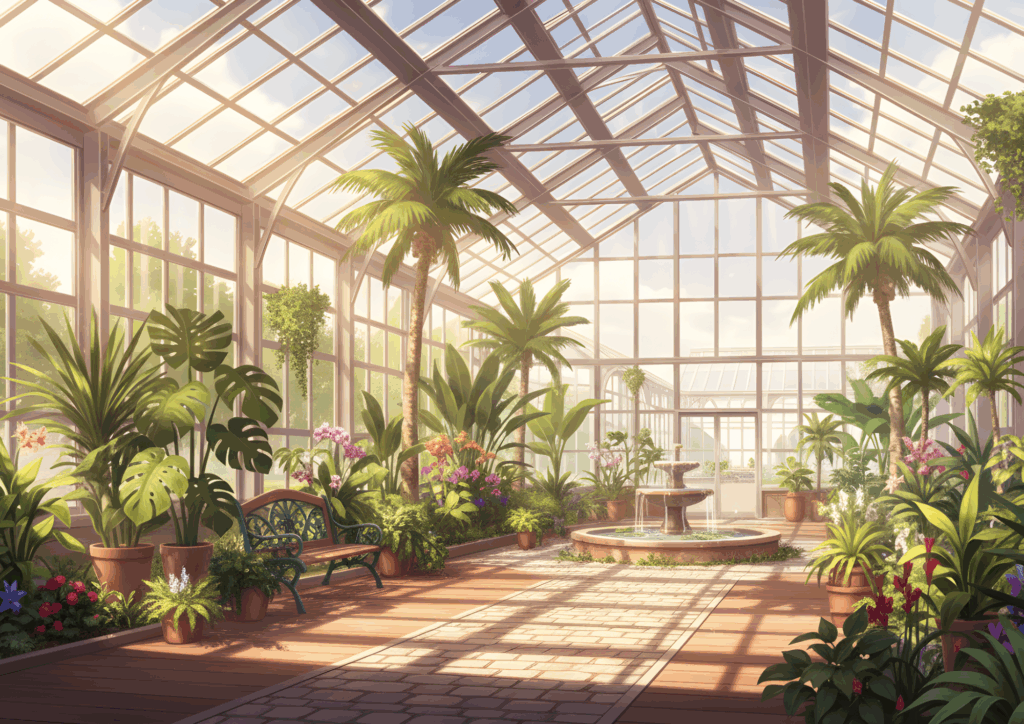夕暮れ時の温室の内部。オレンジ色の光がガラス越しに差し込み、植物や床に柔らかな影を落としている。中央の噴水や並ぶ鉢植えの植物が温かみのある色調に包まれ、穏やかな夕方の空気を感じる