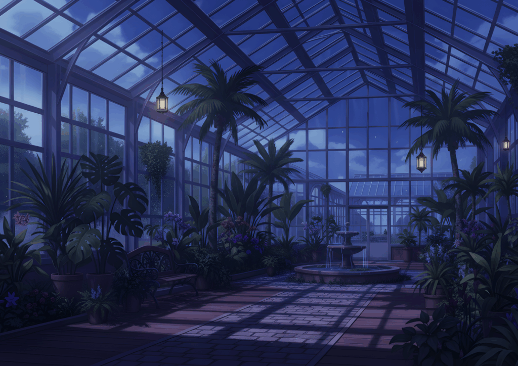 夜の温室の内部。月明かりとランタンの灯りが植物を照らし、静かで幻想的な雰囲気を作り出している。噴水からは水の音が静かに響き、濃い青色の空には星が瞬いてい