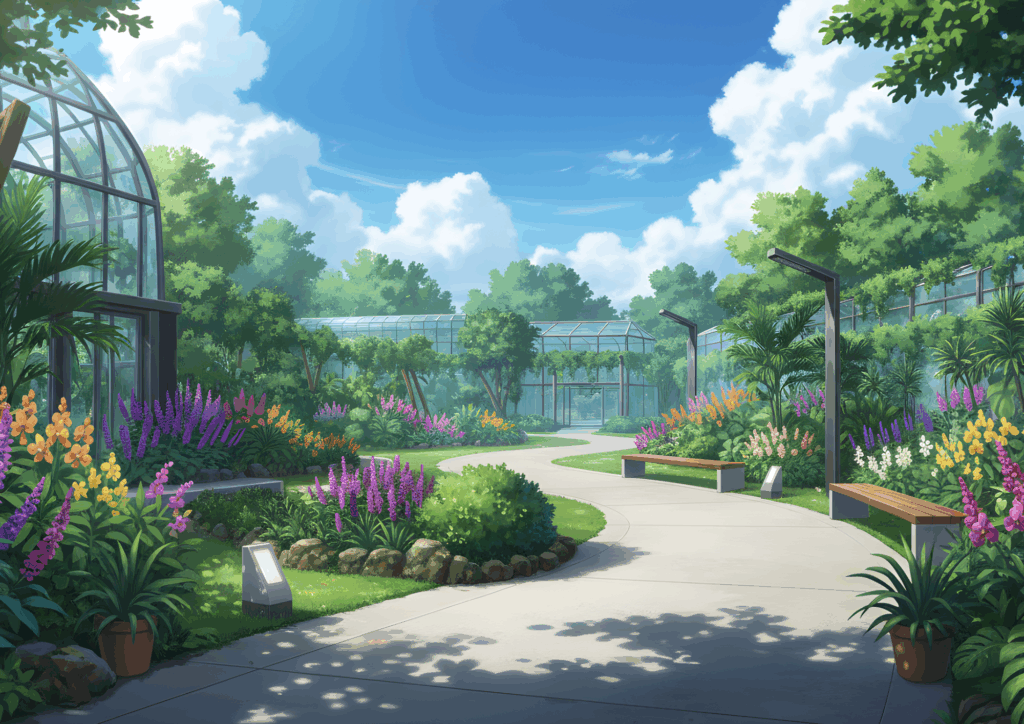 晴れた昼の屋外植物園。舗装された小道の両脇にカラフルな花々が咲き、奥には温室のガラス建物が見える。緑豊かな木々とベンチが並び、明るく開放的な雰囲気が漂う