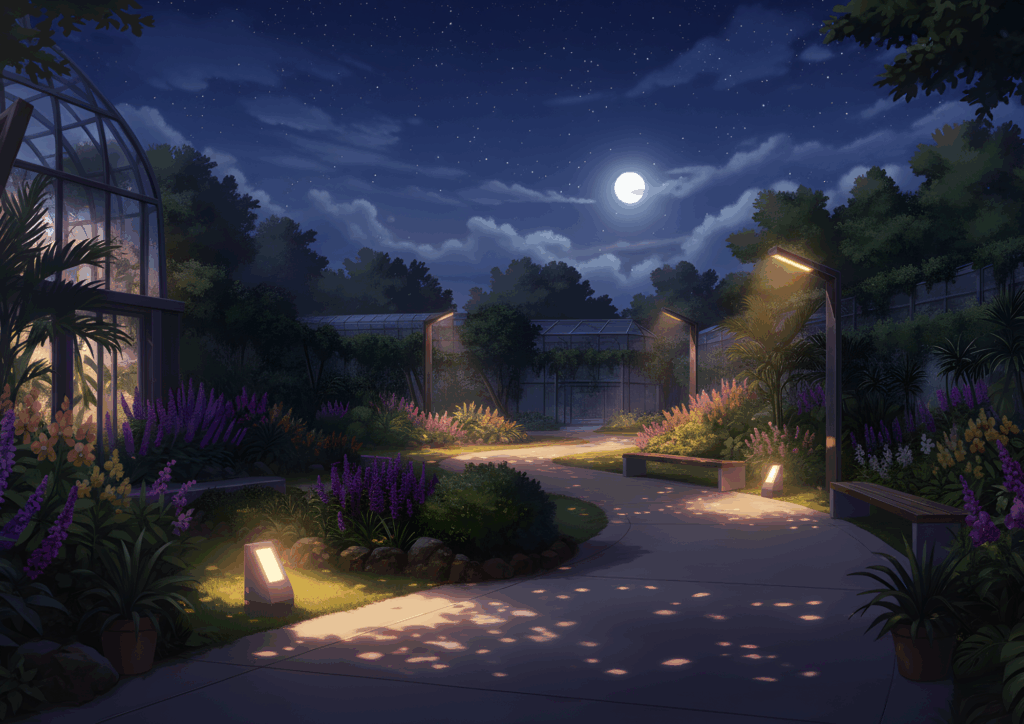 夜の屋外植物園。満月が空に浮かび、花壇や小道が優しいライトに照らされている。色とりどりの花々と温室のガラス建物が月明かりの下に輝き、静かでロマンチックな雰囲気を漂わせている