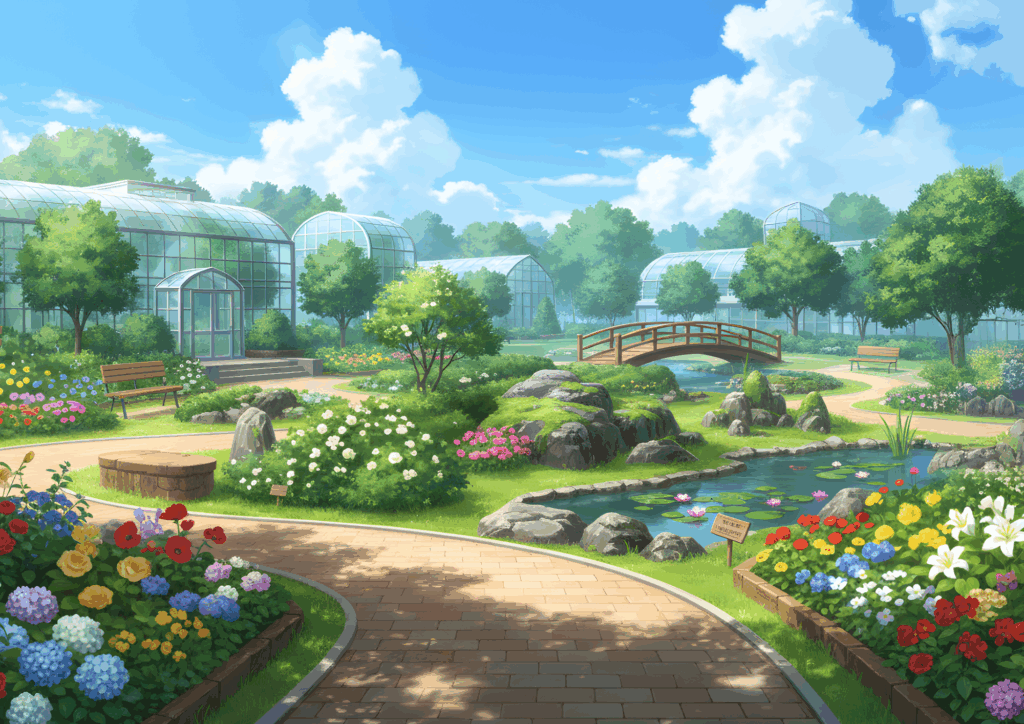 昼の植物園の広場。青空の下、花壇や池、木製の橋が調和よく配置され、奥にはいくつものガラス温室が並ぶ。赤や黄、紫などの花が咲き誇り、穏やかで爽やかな印象を与える