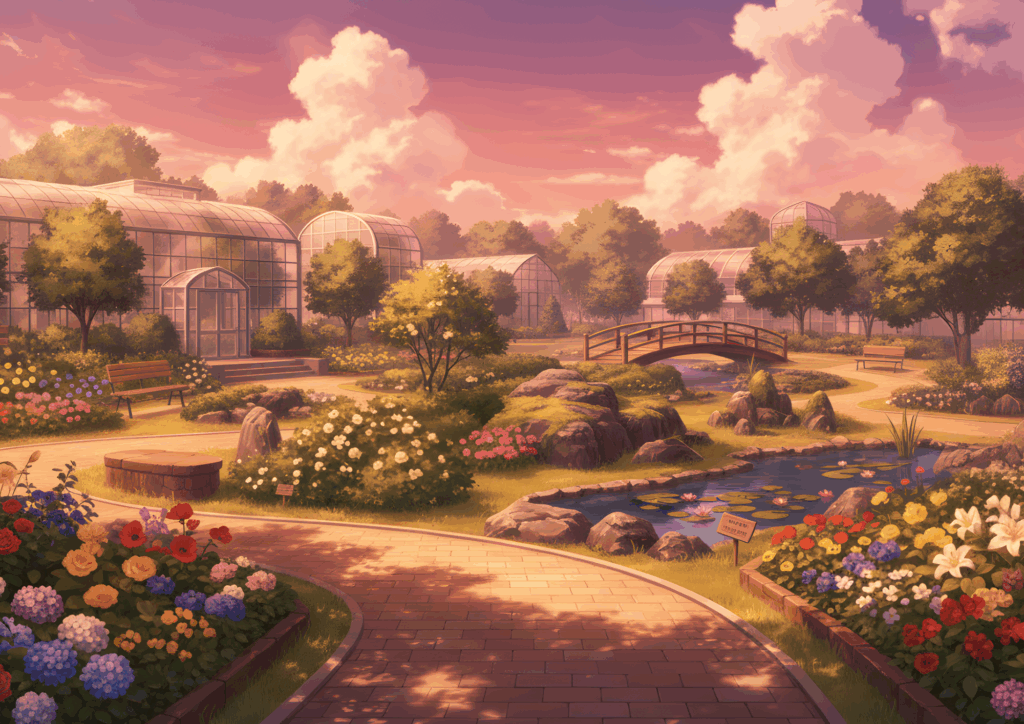 夕暮れ時の植物園の広場。赤みがかった夕陽が花々や池、温室のガラスに反射し、暖かく穏やかな雰囲気を作り出している。空はオレンジと紫のグラデーションに染まり、静かな時間が流れている