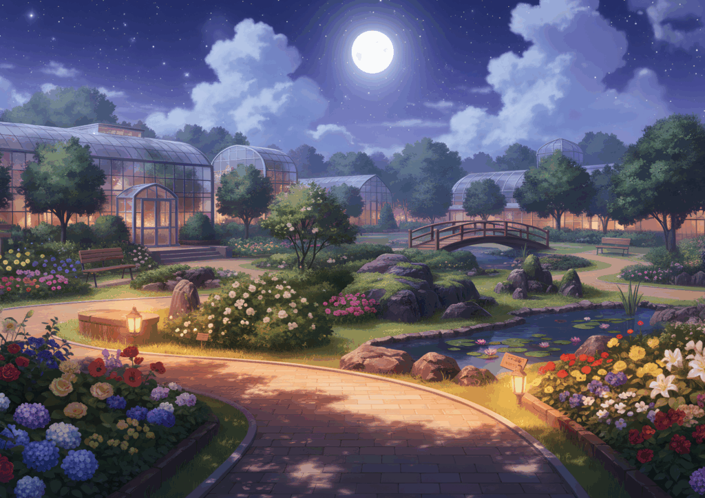 夜の植物園の広場。満月が空高く輝き、温室や花壇、池が柔らかな灯りで照らされている。木製の橋やベンチが見え、夜空の星々と花の彩りが調和した幻想的な光景が広がる