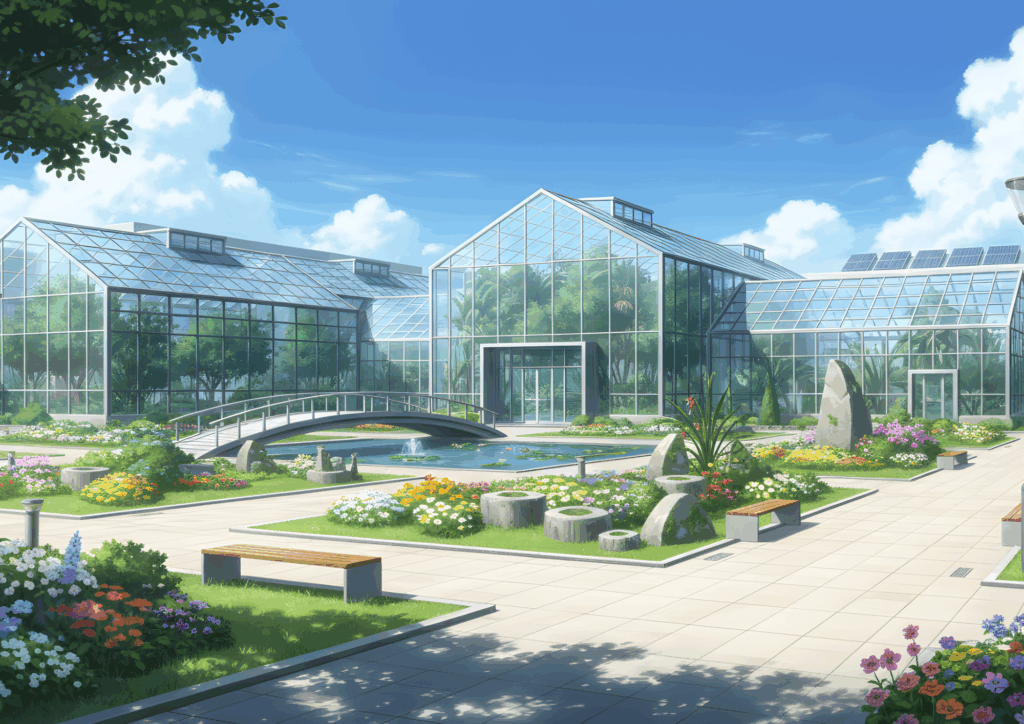 青空の下、ガラス張りの近代的な温室が立ち並ぶ植物園の中庭。中央には小さな池と噴水、そして白い橋がかかっている。周囲には色とりどりの花壇やベンチが配置され、太陽の光を浴びて明るく爽やかな雰囲気が広がっている