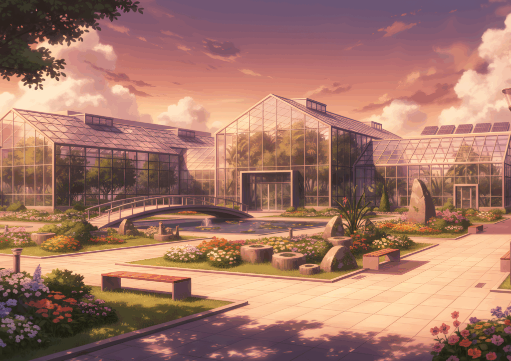 夕暮れの植物園。オレンジ色の夕日がガラス温室を照らし、空と建物が温かい光に包まれている。池と橋、花壇の花々がやわらかい光を反射し、静かで穏やかな時間の流れを感じさせる