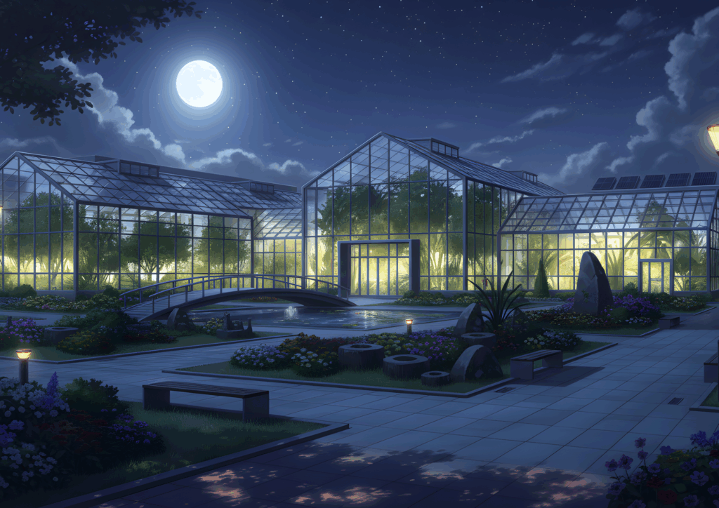 満月と星空の下、ライトアップされた温室が幻想的に輝く夜の植物園。池や橋、花壇が月明かりと照明に照らされ、しっとりとした静けさとロマンチックな雰囲気が漂っている