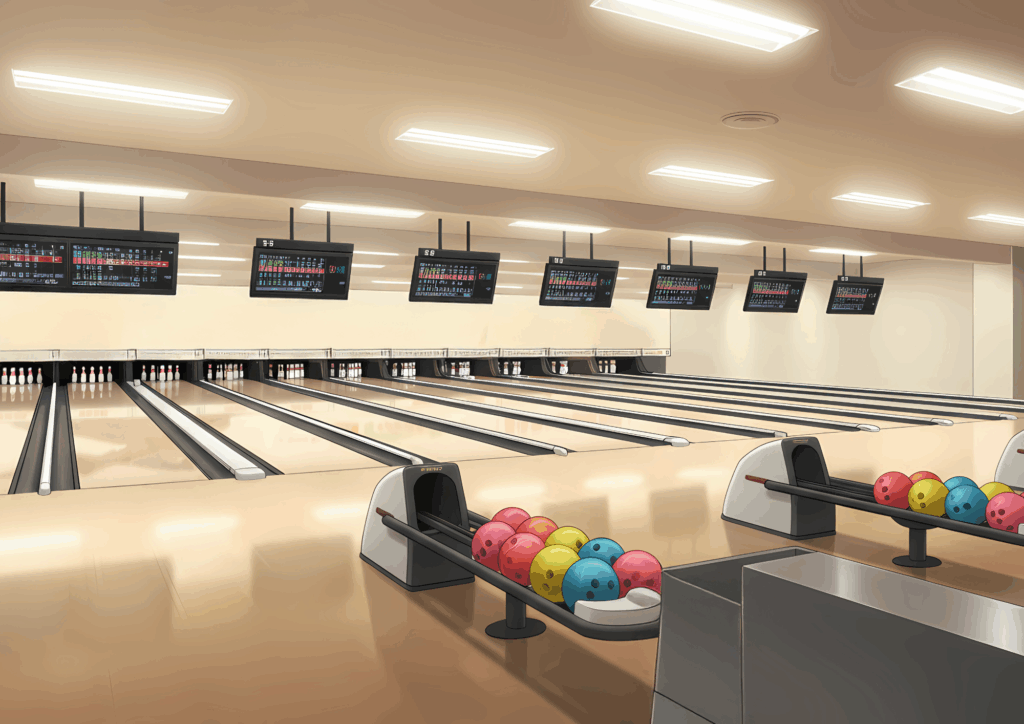 広々とした多レーンのフロア。天井に連なるスコアボード、手前のボールリターンにピンクや黄色のボール、奥には各レーンのピンが整然