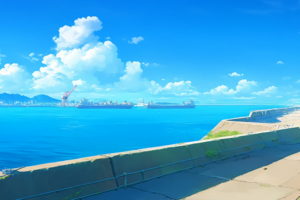 明るい青空と海が広がる防波堤のイラスト。遠くに船やクレーンが点在する港の風景。