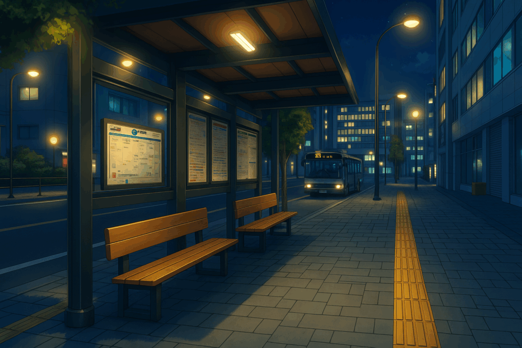 夜の街のバス停。明かりに照らされたベンチがあり、奥にはバスが近づいている。静かな雰囲気の都市の通り。