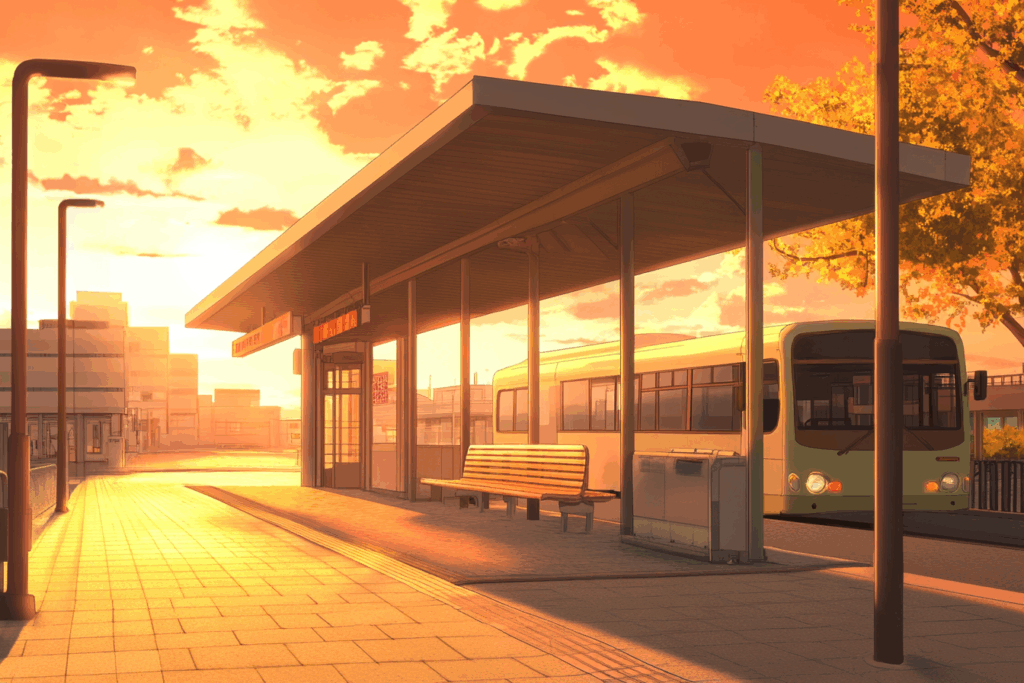 夕暮れのバス停。柔らかなオレンジ色の空を背景に、ベンチがある。バスが停車中で、静かな雰囲気が感じられる。