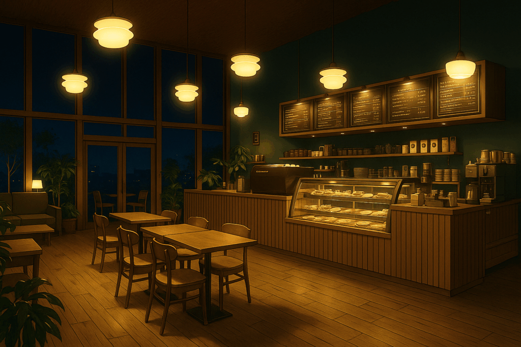 夜のカフェ店内。柔らかな照明に照らされた木製家具が並び、カウンターにはペストリーがディスプレイされている。温かみのある雰囲気。