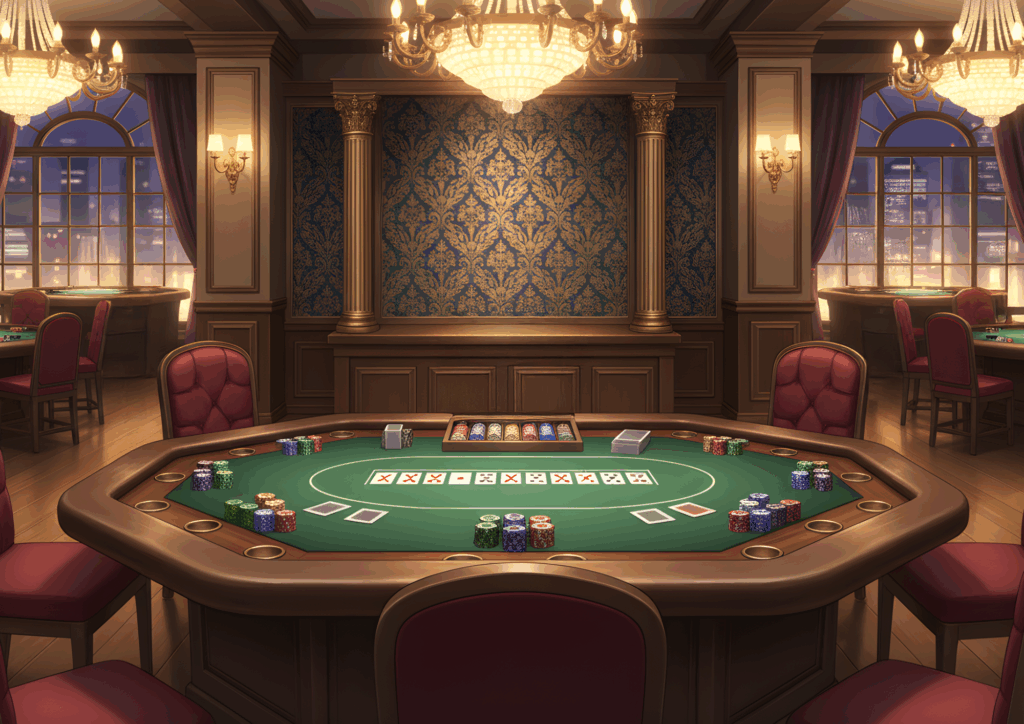 豪華なシャンデリアが輝くクラシックな内装のカジノで、中央にポーカー用の大きなグリーンテーブルが置かれ、チップやカードが並ぶ。赤い椅子と金色装飾が雰囲気を引き立てている。