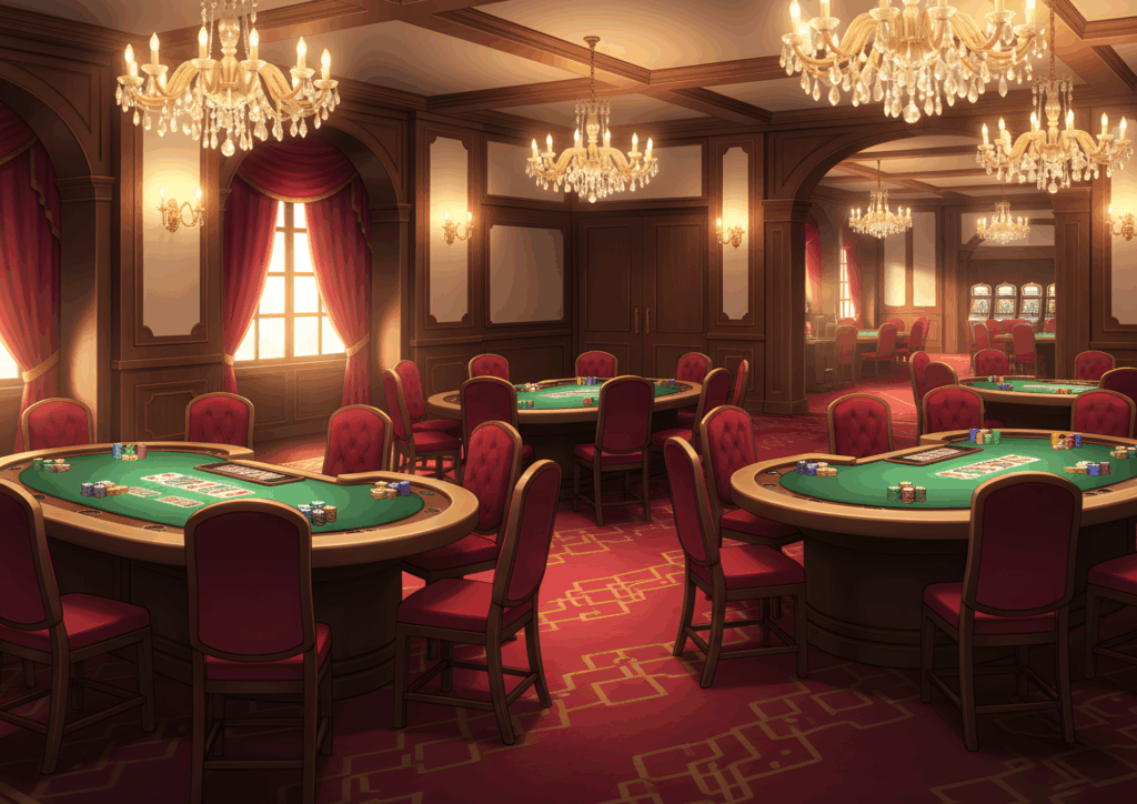 赤いカーペットと木目調の壁に囲まれた優雅なカジノフロアで、複数のポーカーテーブルと赤い椅子が整然と配置されている。柔らかな照明が室内を温かく照らしている。