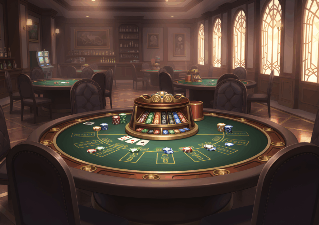 バーカウンターやスロットマシンが見える落ち着いたカジノ空間で、中央にはブラックジャック風のテーブルとカラフルなチップラックが設置されている。大きな窓から柔らかい光が差し込む。