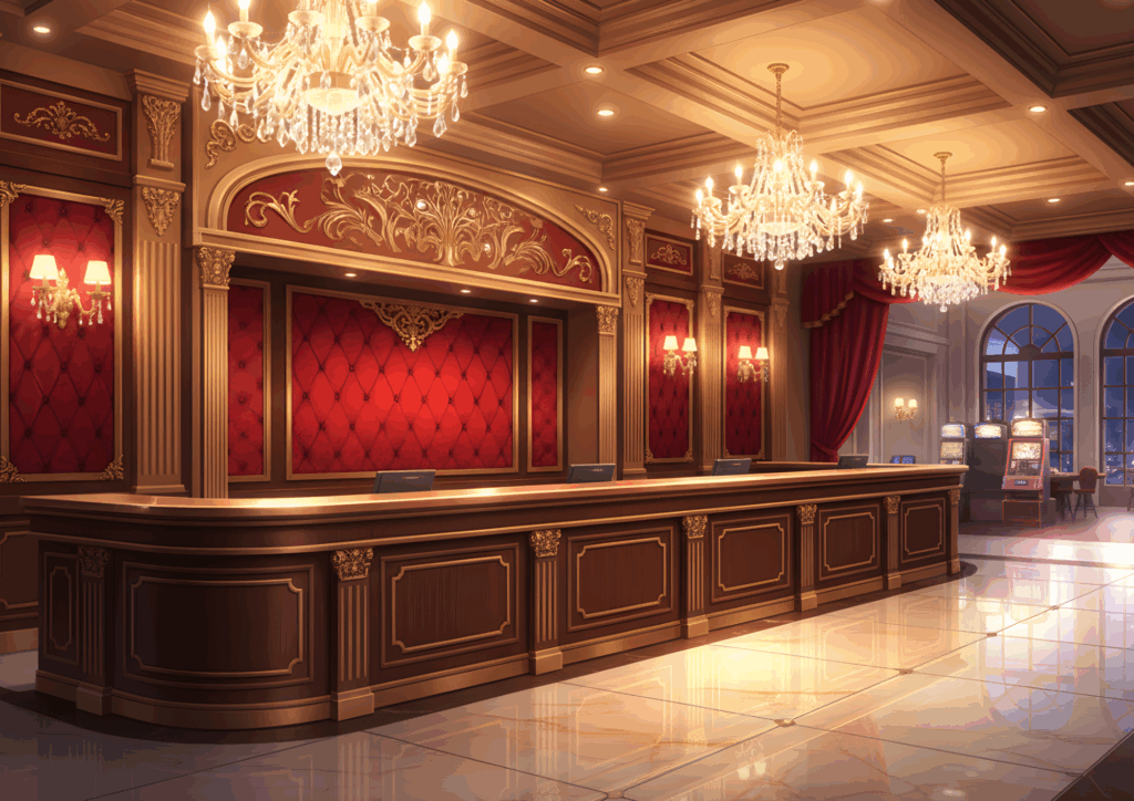 金色の装飾と赤いベルベット調の壁が特徴的な、豪華なカジノの受付カウンター。複数のシャンデリアが天井から下がり、奥にはスロットマシンも見える。