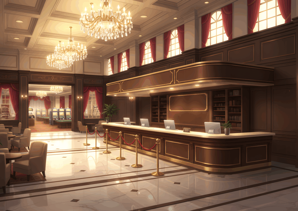 広々としたロビーに白い大理石調の床が輝き、長く伸びた受付カウンターが並ぶ。ロープパーテーションや観葉植物が置かれ、奥にはカジノフロアが続いている。