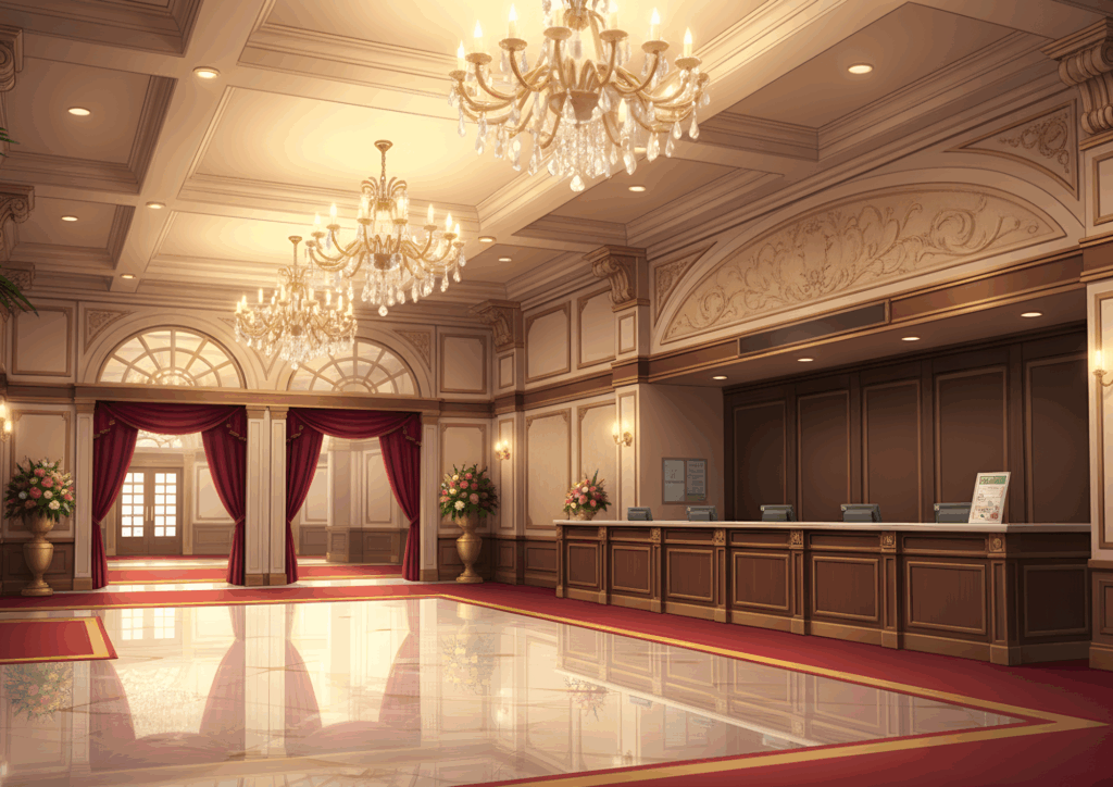 クラシックで上品な内装が施されたロビーで、重厚な木製の受付カウンターが壁際に並ぶ。大きな窓から光が差し込み、赤いカーペットが空間を華やかにしている。