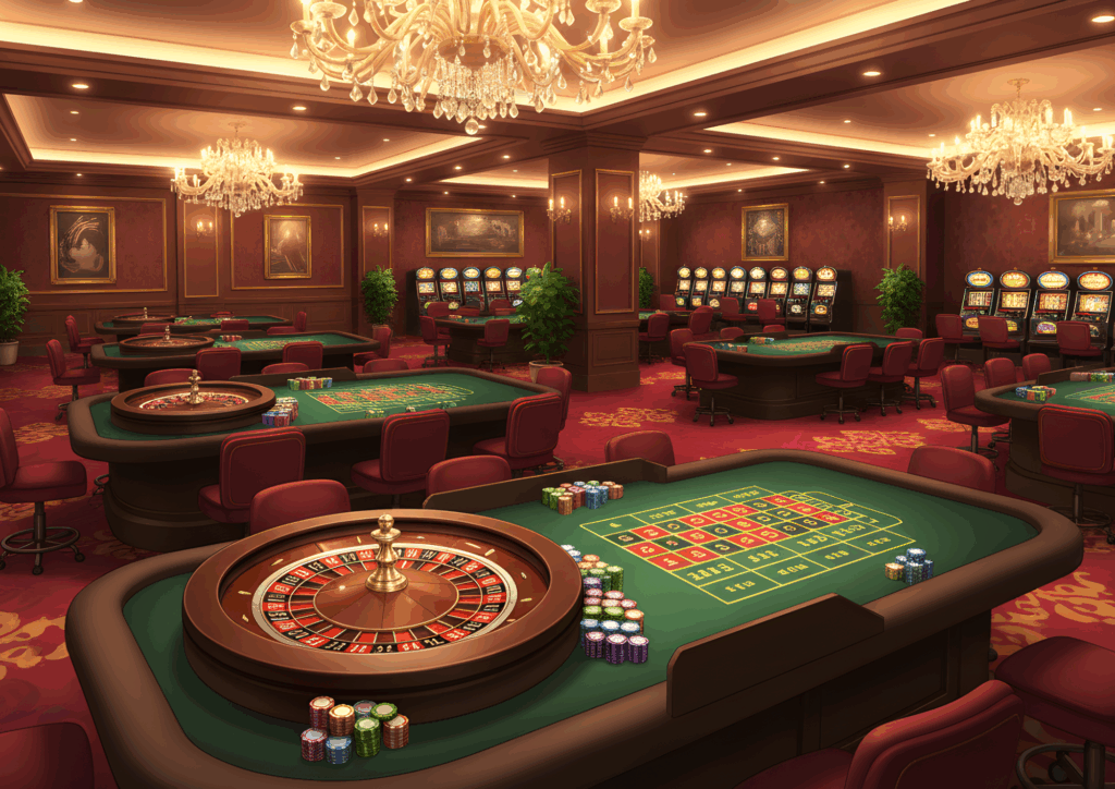 赤い壁と絵画が飾られたカジノフロアで、テーブル上にルーレットホイールとたくさんのカラーチップが整然と配置されている。奥には多くのスロットマシンが並んでいる。
