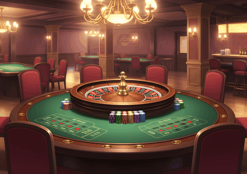 温かい照明が広がる木目調のカジノルームで、中央にルーレットテーブルが置かれ、赤い椅子やバーコーナーも見える落ち着いた空間になっている。