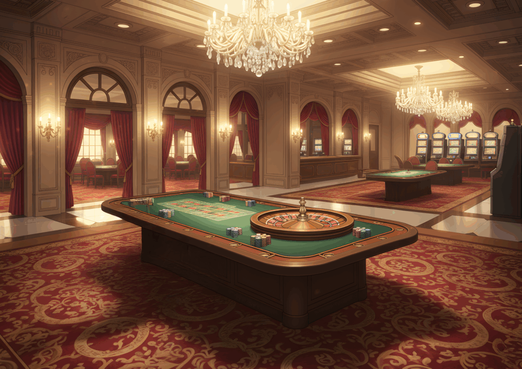 ゴールド調のシャンデリアが照らす広いカジノフロアで、緑のテーブルにルーレットホイールが設置され、周囲には賭けチップが並ぶ。奥にはスロットマシンコーナーが広がる。