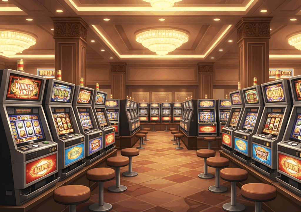 シャンデリアが輝く広々としたカジノフロアに、左右にずらりと並んだスロットマシンが続き、中央通路の奥までマシンが配置された豪華な空間。