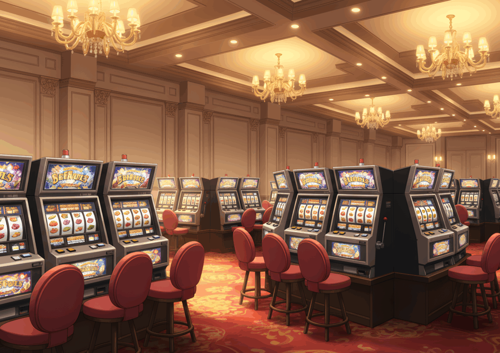 クラシックなシャンデリアと落ち着いた装飾に囲まれたカジノで、赤い椅子とスロットマシンが整然と配置された洗練されたスロットコーナー。