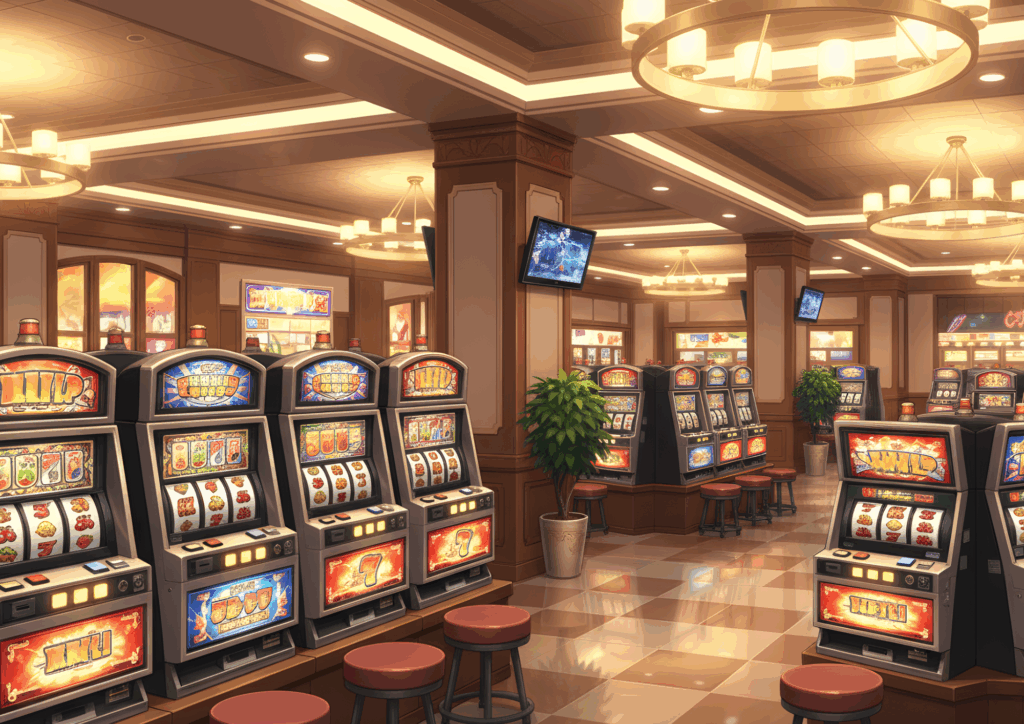 明るい照明と木目調の柱に囲まれたカジノフロアで、多数のスロットマシンが並び、観葉植物やモニター画面が配置された開放感のあるスロットエリア。