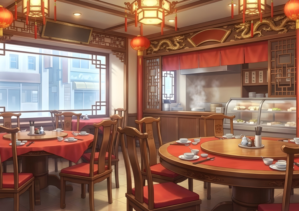 落ち着いた雰囲気の中華料理店の店内。赤いテーブルクロスを敷いた円卓や木製椅子が並び、奥の厨房からは湯気が立ち上る。大きな窓から外の街並みが見え、天井には赤い提灯と装飾が吊るされている。