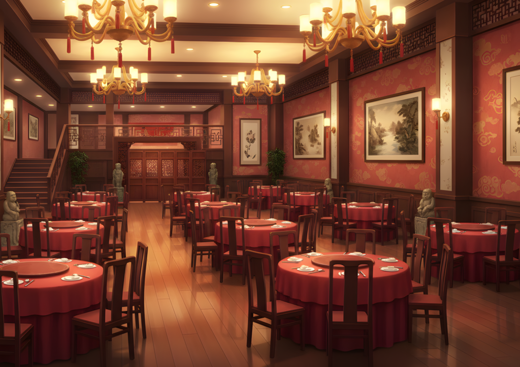 広々とした格式ある中華レストランの宴会場。赤を基調とした円卓が並び、壁には中国風の絵画や模様が飾られている。柔らかな照明が chandeliers から下がり、落ち着いた高級感を演出している。