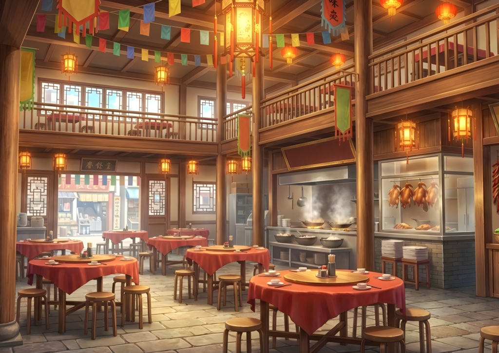 市場の近くにあるような賑やかな雰囲気の中華食堂。木製の柱と二階席があり、色とりどりの旗が天井から下がる。円卓の奥には厨房があり、吊るされたローストダックや調理中の鍋から湯気が立つ様子が見える。