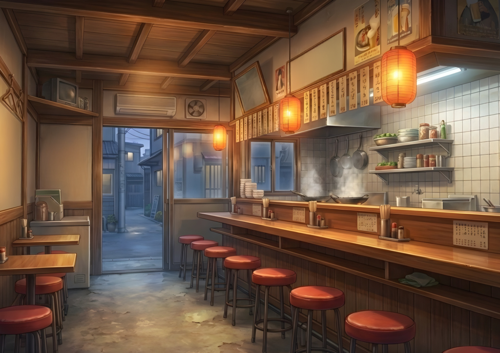 こぢんまりとした日本の町中華風の店内。カウンター席と赤い丸椅子が並び、壁にはメニュー札やポスターが貼られている。入り口の引き戸からは夕方の街並みが見え、温かい照明が店内を照らす。