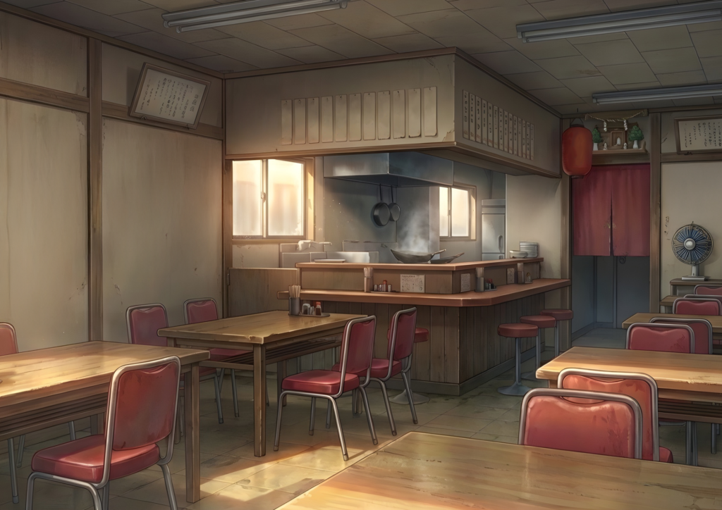 昔ながらの大衆的な中華食堂。年季の入った木製テーブルと赤い椅子が並び、厨房では鍋から湯気が立ち上る。壁には色褪せたメニュー札がかけられ、素朴で懐かしい雰囲気が漂う。