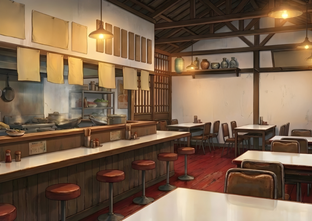 木の温かみを感じる古風な中華食堂。カウンターとテーブル席があり、厨房には鍋やざるが並ぶ。天井の梁や棚に置かれた壺が、昔ながらの日本の町中華の雰囲気を強調している。