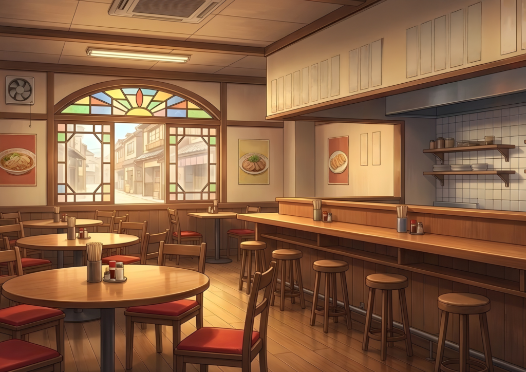 明るい日差しが差し込む中華食堂。ステンドグラス風の窓が特徴で、丸テーブルとカウンター席が配置されている。壁にはラーメンなどの料理写真が貼られ、温かく家庭的な雰囲気を演出している。