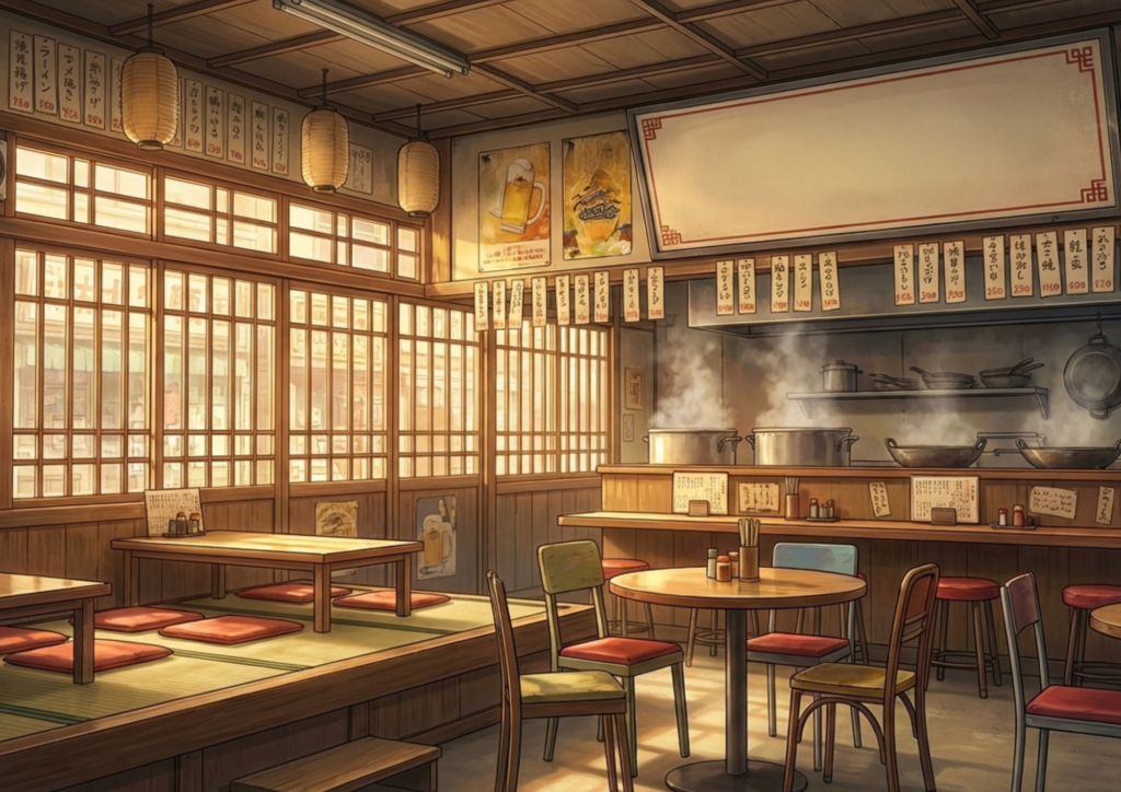 大きな鍋が並ぶ厨房を中心とした昔ながらの中華料理店。店内には畳席とテーブル席が混在し、壁には手書き風のメニュー札や古いポスターが貼られている。柔らかな陽光が格子窓から差し込む。