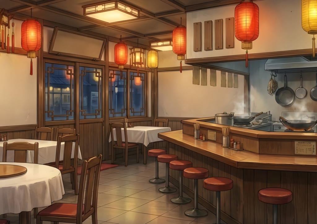 提灯が灯る落ち着いた中華食堂。白いテーブルクロスのテーブルとカウンター席があり、厨房からは湯気が立ち上る。木の装飾が多く、温かみのある夕暮れ時の雰囲気を感じさせる。