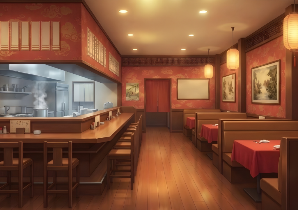 赤い壁紙と柔らかい照明が特徴の中華レストラン。カウンター席とボックス席が整然と並び、厨房の大きな鍋からは湯気が立つ。落ち着いた高級感のある空間が広がる。