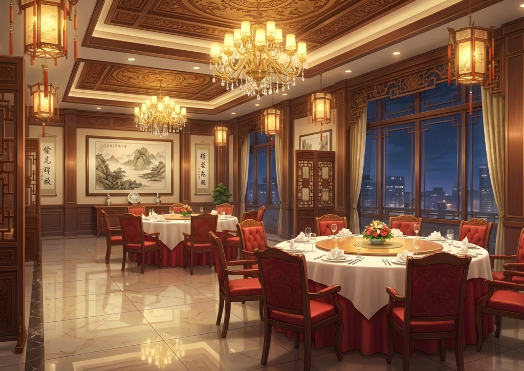 豪華な中華料理店の個室。金色のシャンデリアが輝き、彫刻の施された天井や木製パネルが高級感を演出している。大きな円卓には白いテーブルクロスがかけられ、赤い椅子が並ぶ。壁には山水画や書が飾られ、夜景の見える大きな窓が空間をさらに華やかにしている。