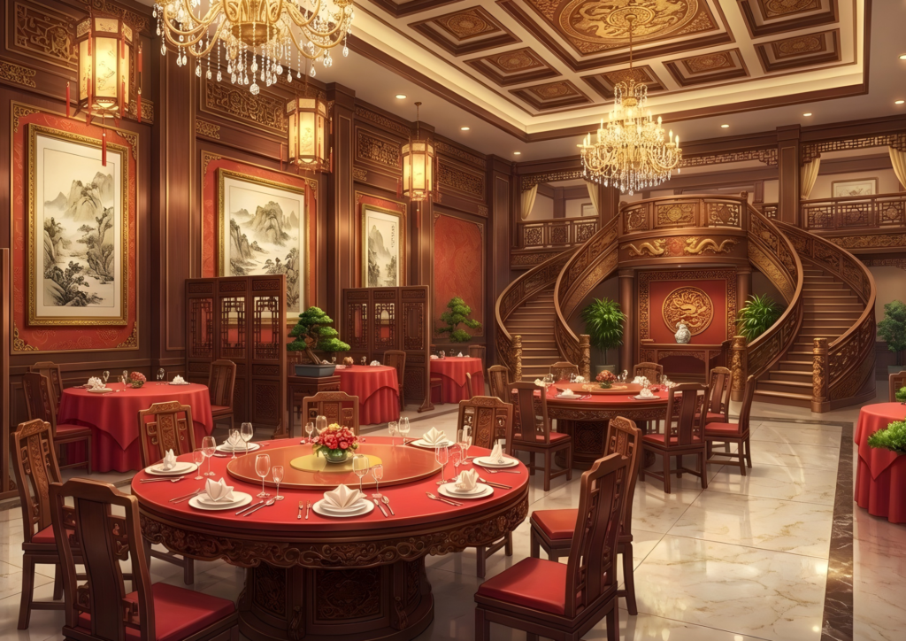 壮麗な中華レストランの大広間。赤を基調とした円卓が整然と並び、天井には豪奢なシャンデリアが吊るされている。壁には伝統的な山水画が飾られ、中央奥には左右対称の大きな螺旋階段が伸びる。木彫りの装飾や盆栽が配置され、格式の高い雰囲気を醸し出している。