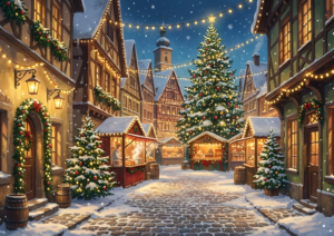 雪の積もる石畳の通りに、木組みの家々が並ぶクリスマスマーケットの風景。家の窓や屋台には温かい光が灯り、ガーランドとイルミネーションで飾られている。中央には大きなクリスマスツリーが輝き、人々が屋台で買い物を楽しんでいる。