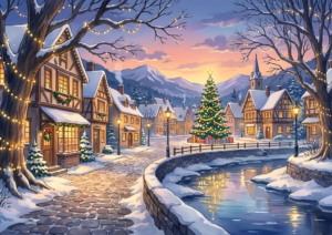 冬の夕暮れ、雪に包まれた小さな町の広場に立つクリスマスツリー。川沿いには明かりのともった家々が並び、山並みが背景に見える。街路樹にはイルミネーションが飾られ、静かで温かみのある雰囲気。