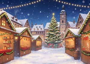 雪が降る夜の広場に並ぶ木製の屋台と大きなクリスマスツリー。ツリーには星形の飾りとライトが輝き、屋台にはプレゼントやパン、お菓子などが並ぶ。背景には時計台のある建物が立ち並び、幻想的なマーケットの情景。