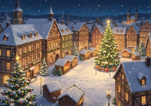 上空から見た雪に覆われた町の広場。中央にはライトで飾られた大きなクリスマスツリーが立ち、周囲に小さな屋台やツリーが点在している。木組みの家々の窓からは暖かい光が漏れ、夜空には雪が舞っている。