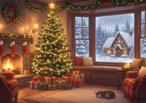大きな窓のある部屋の中、クリスマスツリーと暖炉が輝く夜の風景。ツリーの下にはプレゼントがたくさん並び、外の雪景色にはライトのついた山小屋が見える。床では猫が静かに眠っている。